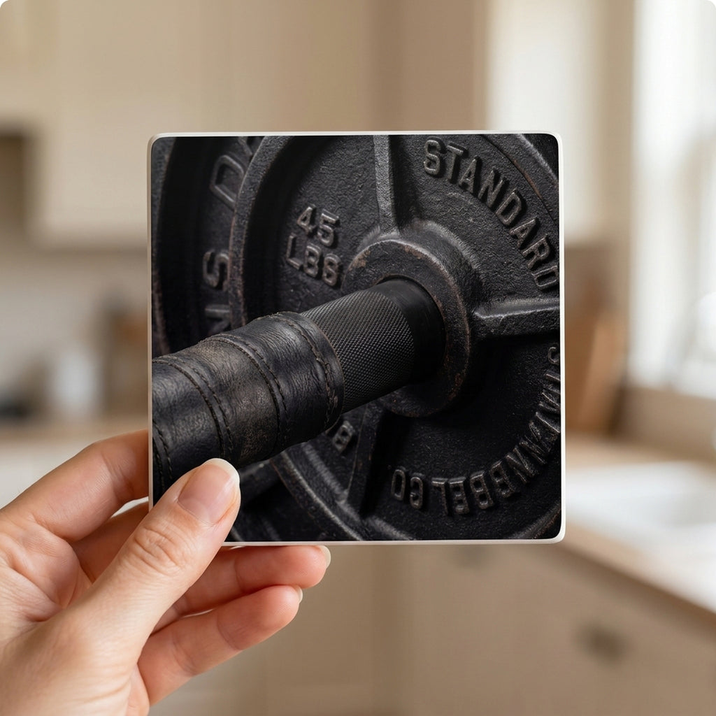 Barbell Lifting ceramic coasters set of 4, in hand