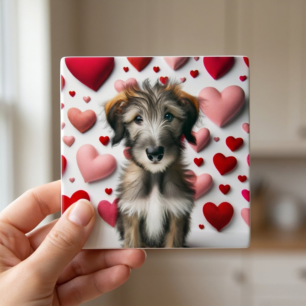 Irish Wolfhound ceramic coasters set of 4, in hand