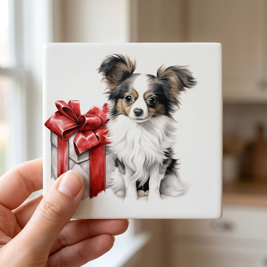 Papillon Puppy Drawing ceramic coasters set of 4, in hand