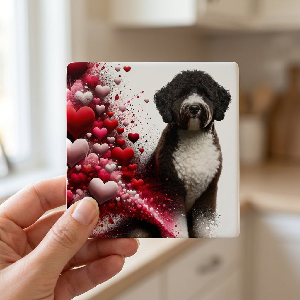 Portuguese Water Dog ceramic coasters set of 4, in hand