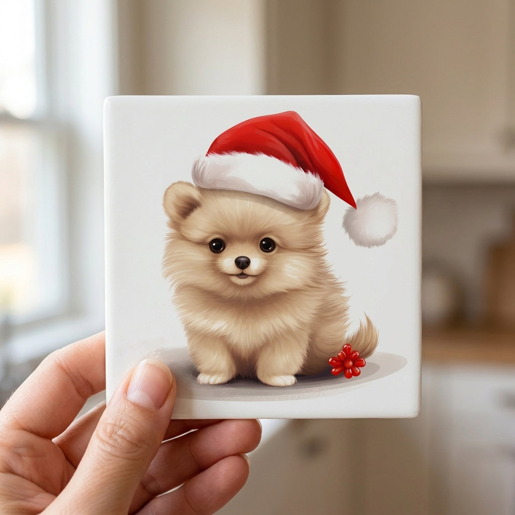 Pomeranian Puppy Drawing ceramic coasters set of 4, in hand