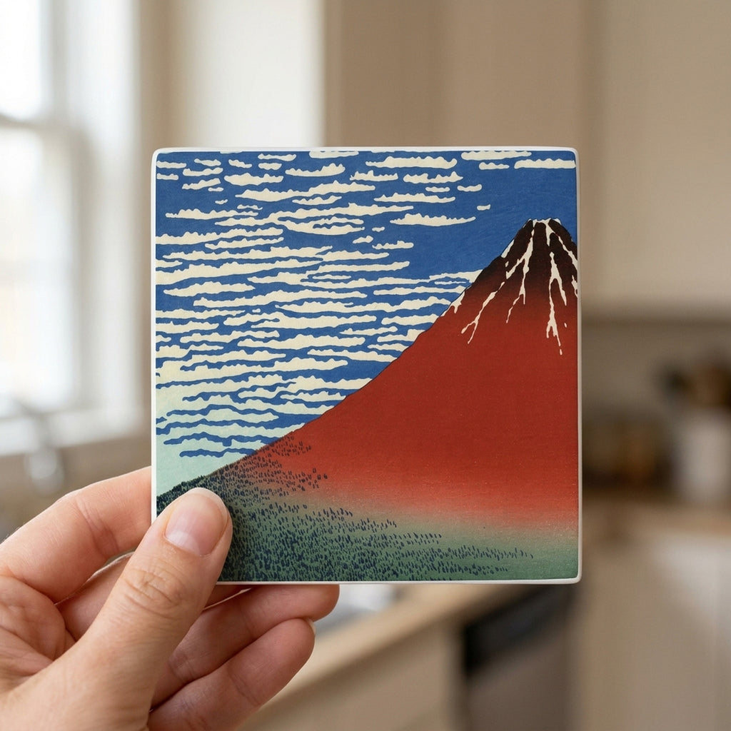 Red Fuji ceramic coasters set of 4, in hand