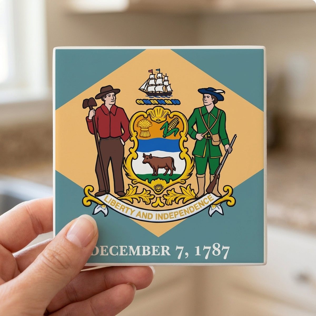 Delaware State Flag ceramic coasters set of 4, in hand