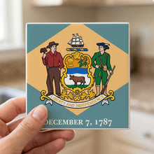 Delaware State Flag ceramic coasters set of 4, in hand