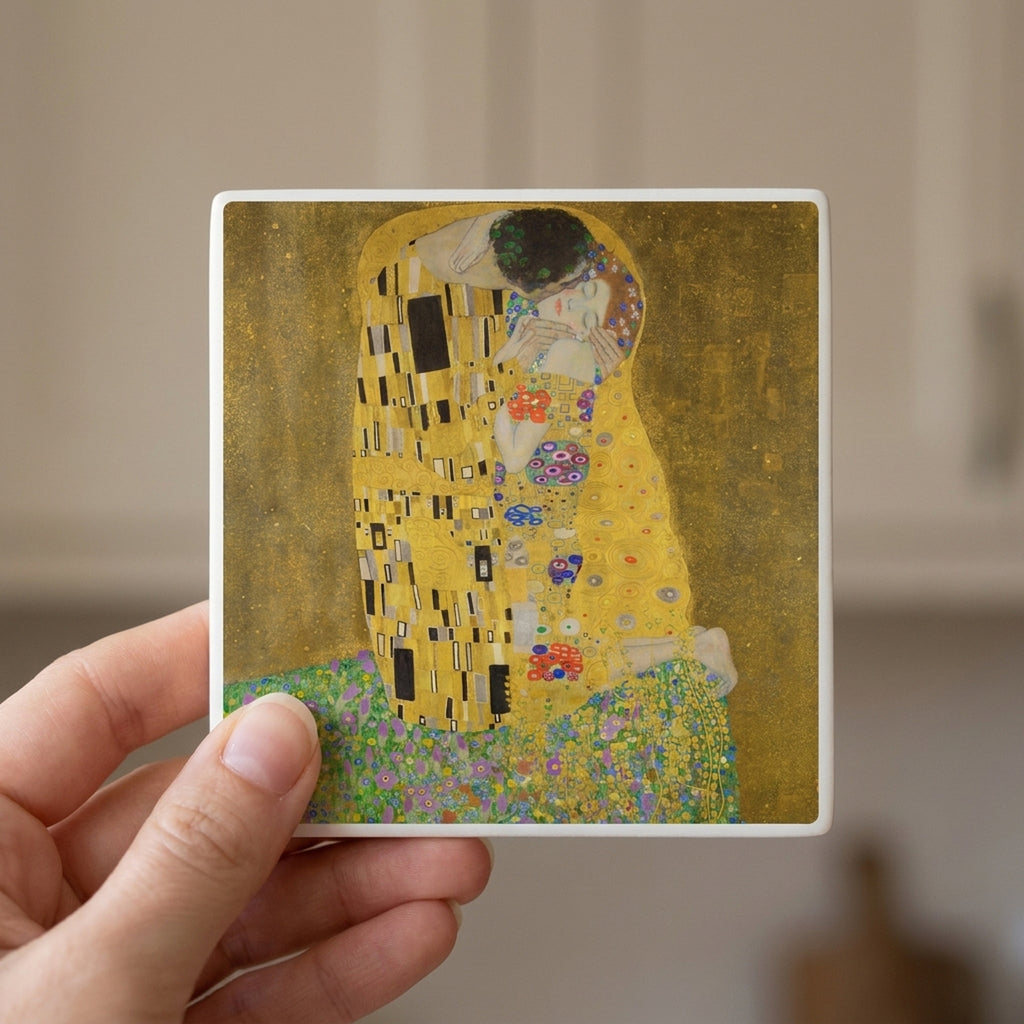 The Kiss ceramic coasters set of 4, in hand