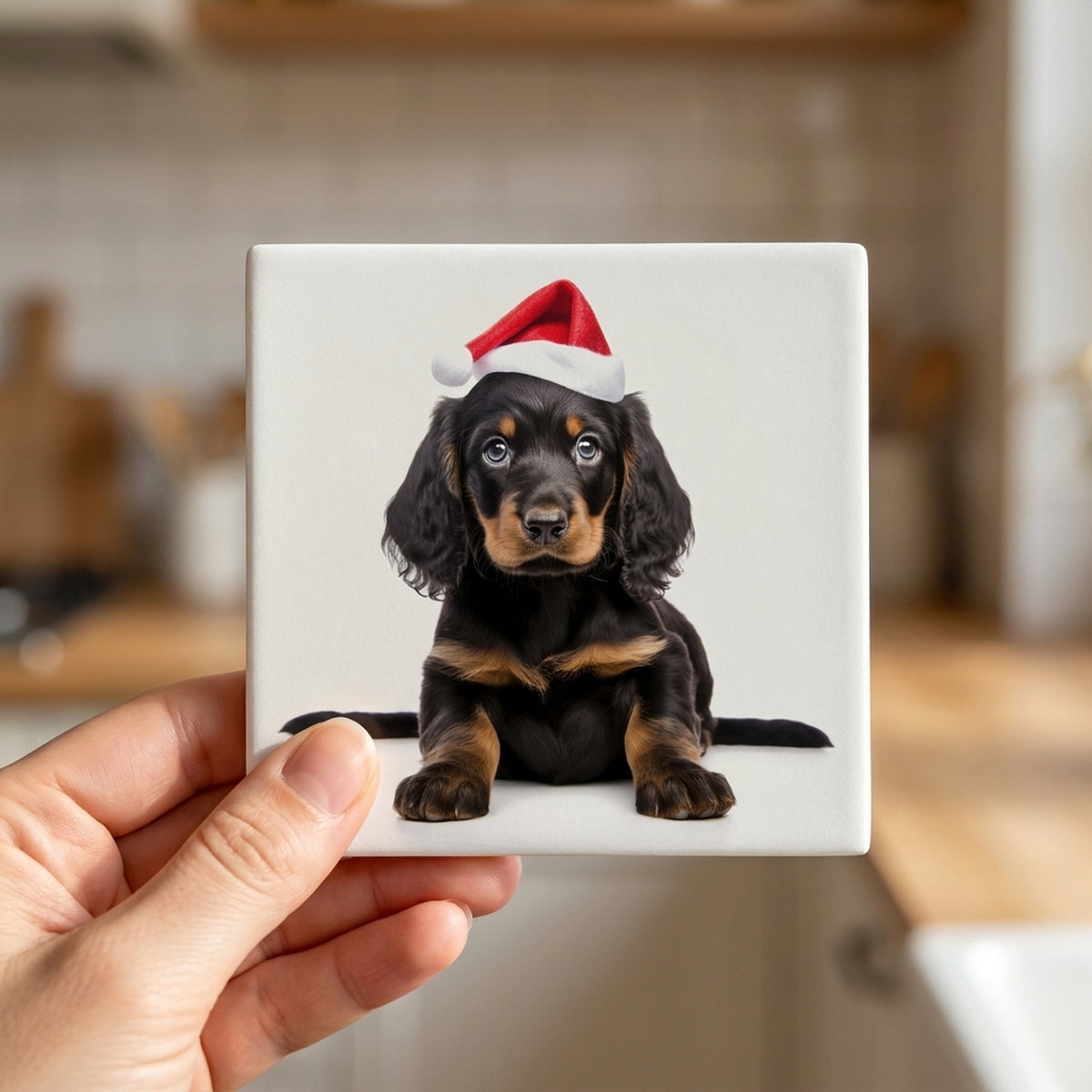 Gordon Setter Puppy ceramic coasters set of 4, in hand