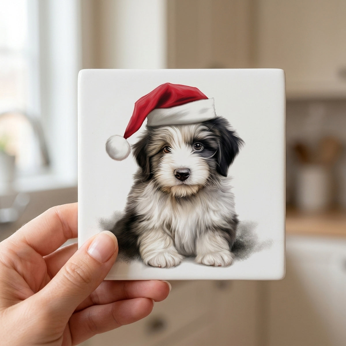 Polish Lowland Sheepdog Puppy Drawing ceramic coasters set of 4, in hand