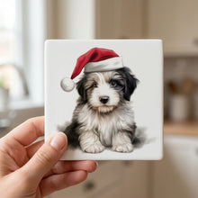 Polish Lowland Sheepdog Puppy Drawing ceramic coasters set of 4, in hand