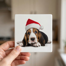 Basset Hound Puppy ceramic coasters set of 4, in hand