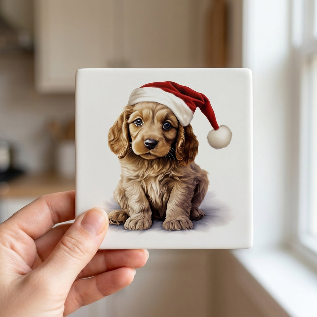 Cocker Spaniel Puppy Drawing Design ceramic coasters set of 4, in hand