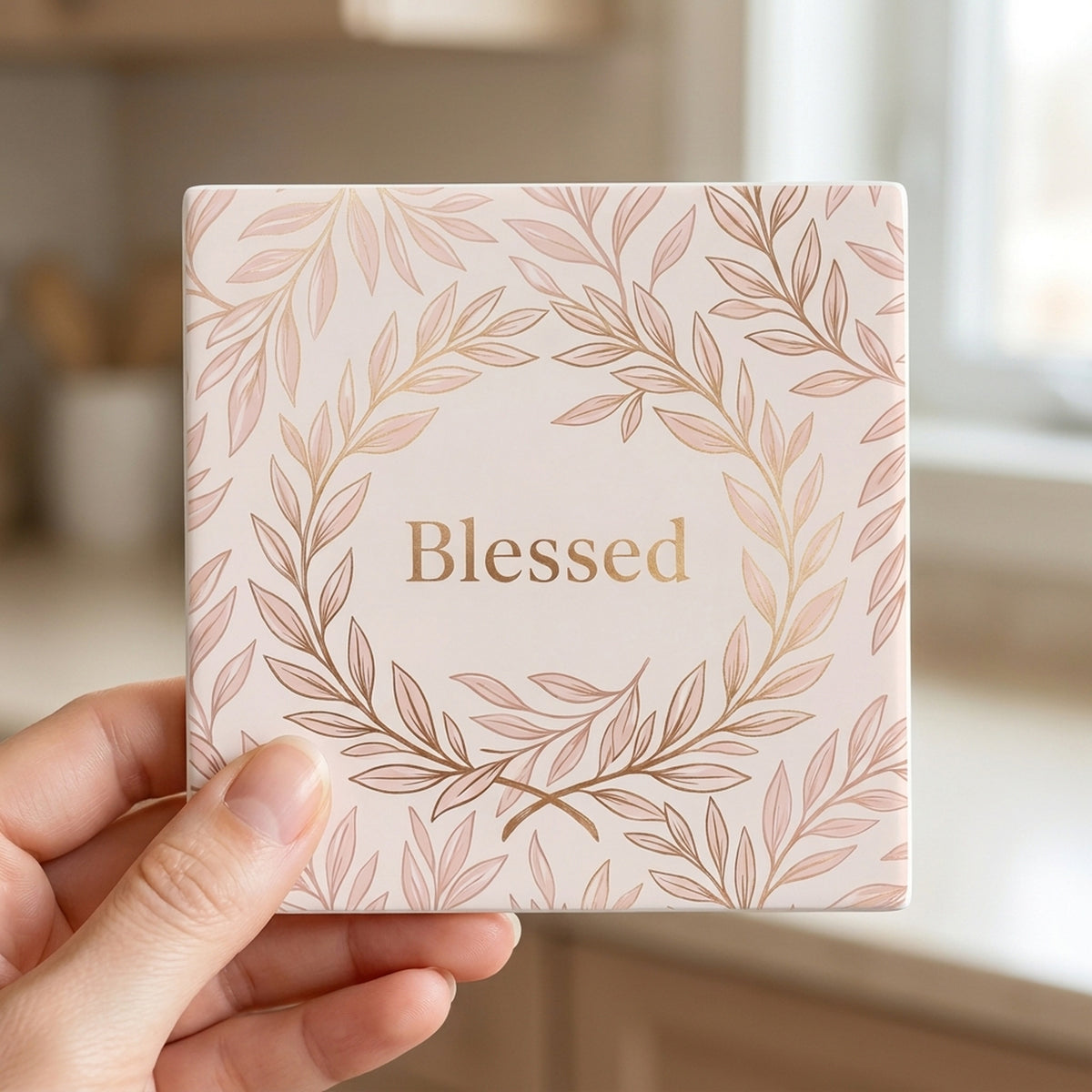 Blessed Script ceramic coasters set of 4, in hand