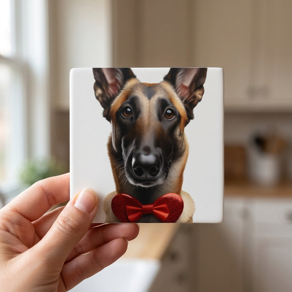 Belgian Malinois ceramic coasters set of 4, in hand