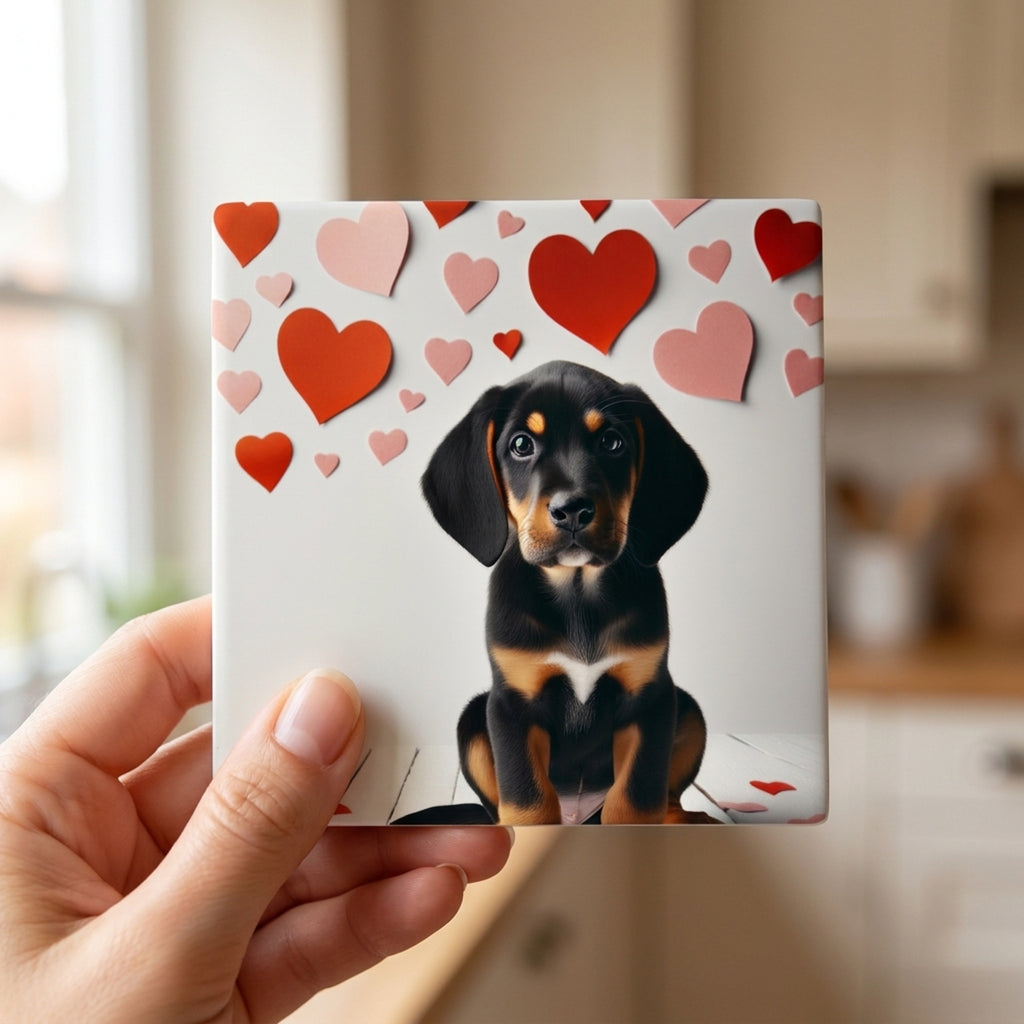 Black and Tan Coonhound ceramic coasters set of 4, in hand