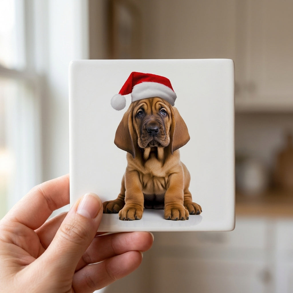 Bloodhound Puppy ceramic coasters set of 4, in hand