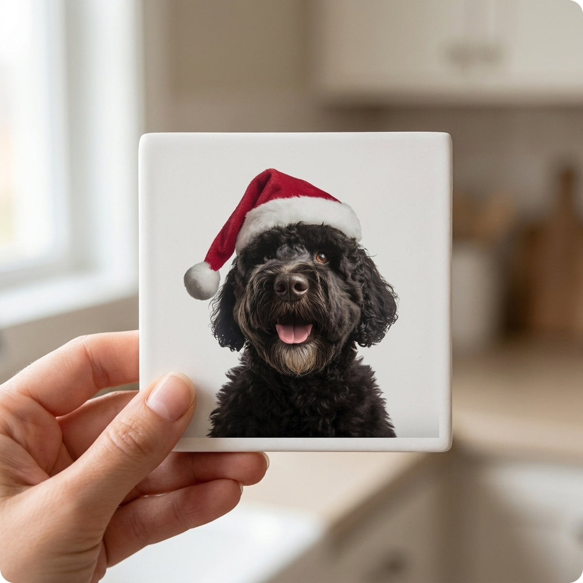 Portuguese Water Dog ceramic coasters set of 4, in hand
