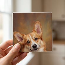 Corgi Portrait ceramic coasters set of 4, in hand