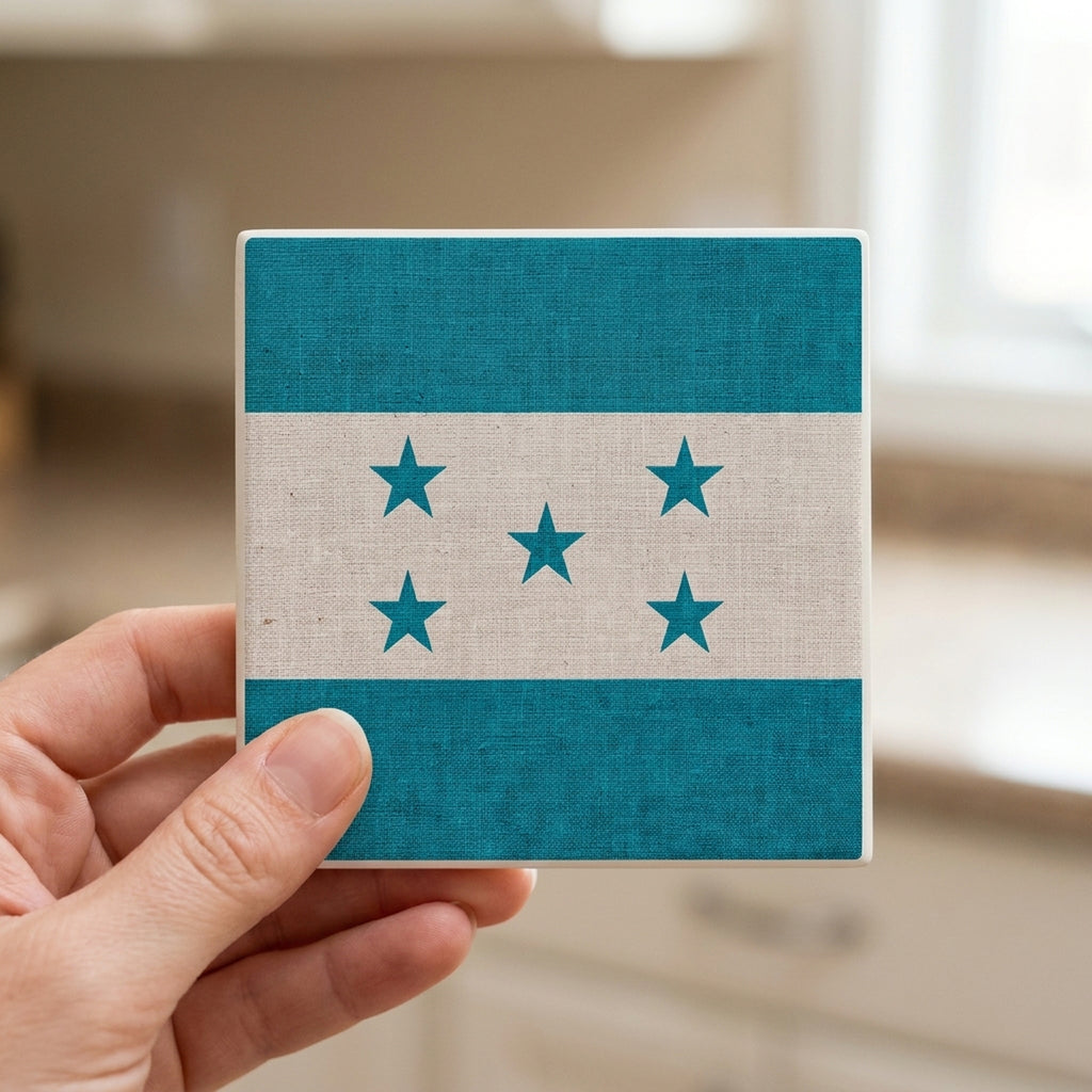 Honduras Flag Pride ceramic coasters set of 4, in hand