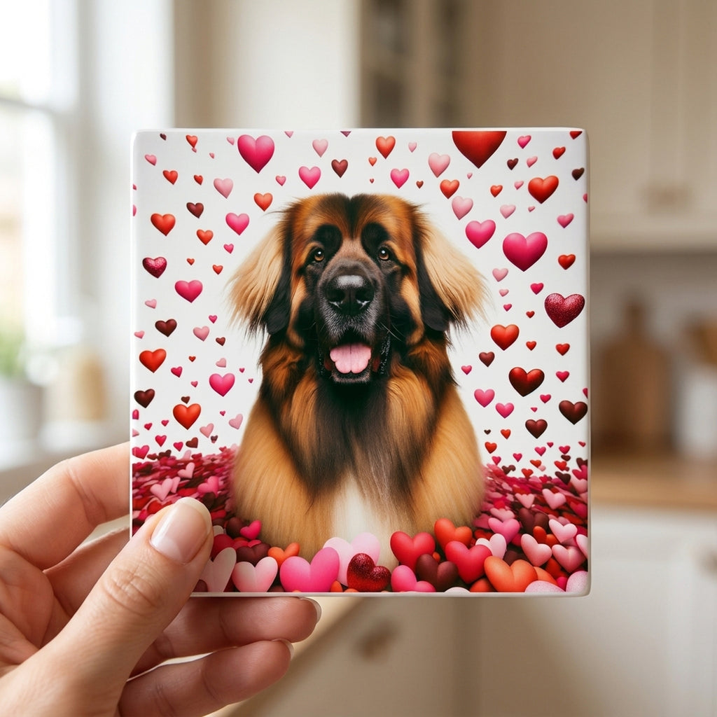 Leonberger ceramic coasters set of 4, in hand