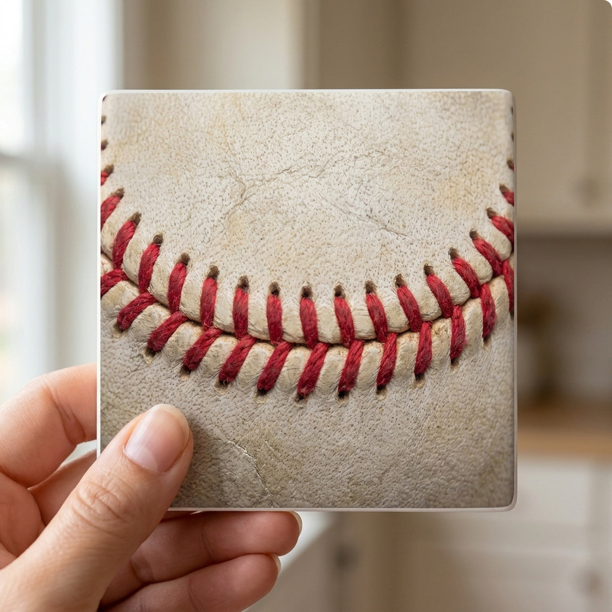 Baseball Stitch ceramic coasters set of 4, in hand