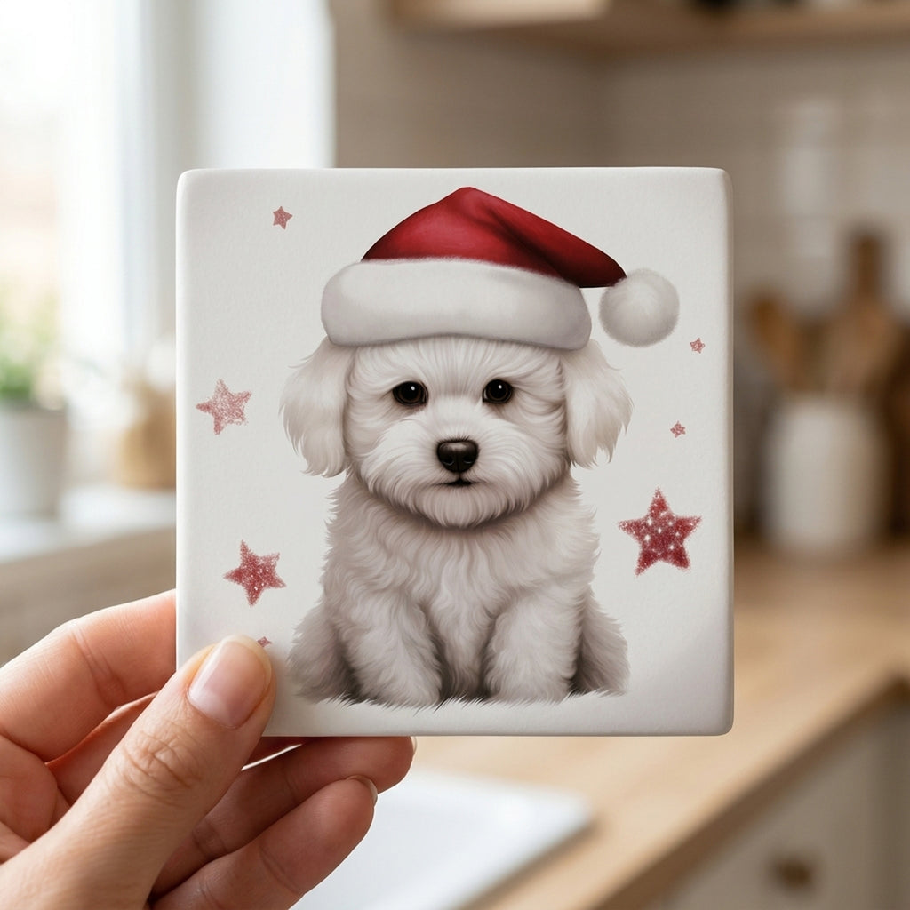 Bichon Frise Puppy Drawing ceramic coasters set of 4, in hand