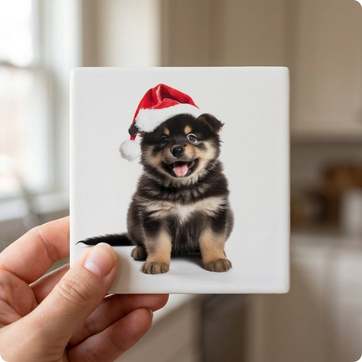 Finnish Lapphund Puppy ceramic coasters set of 4, in hand