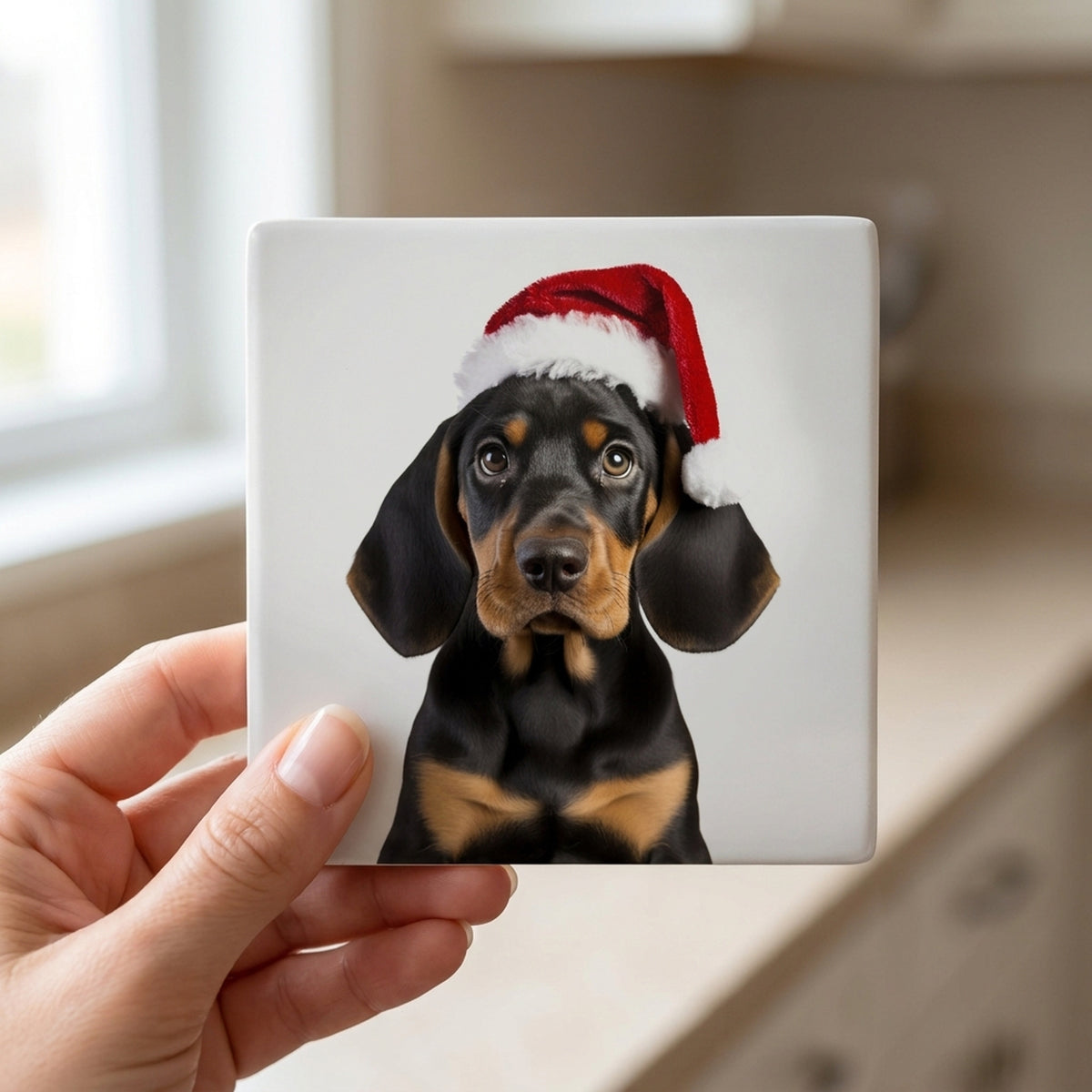 Black and Tan Coonhound Puppy ceramic coasters set of 4, in hand