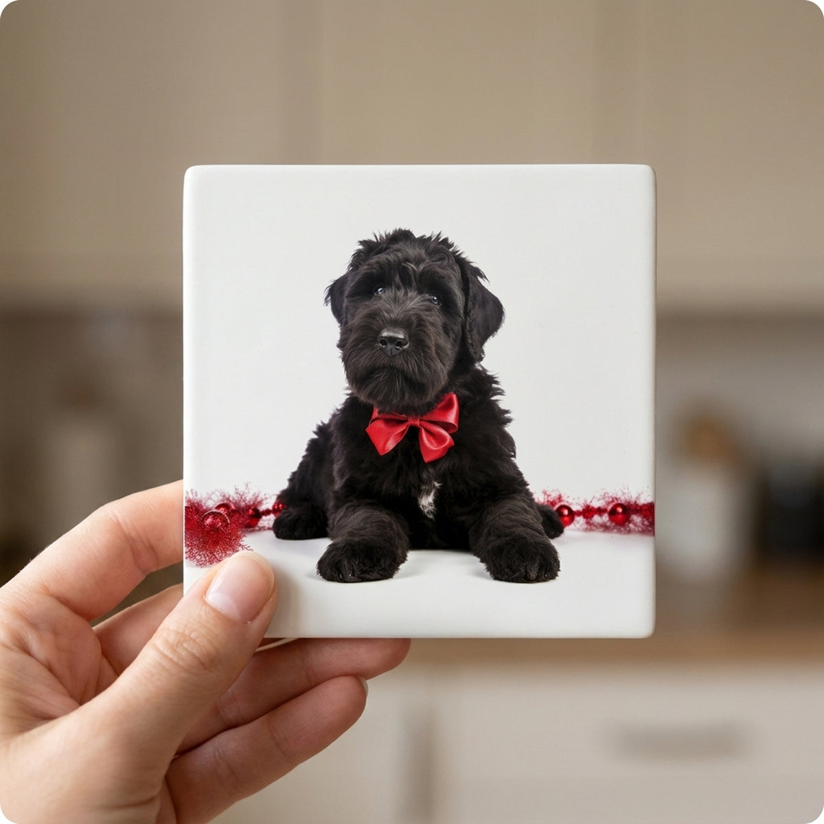 Black Russian Terrier Puppy ceramic coasters set of 4, in hand