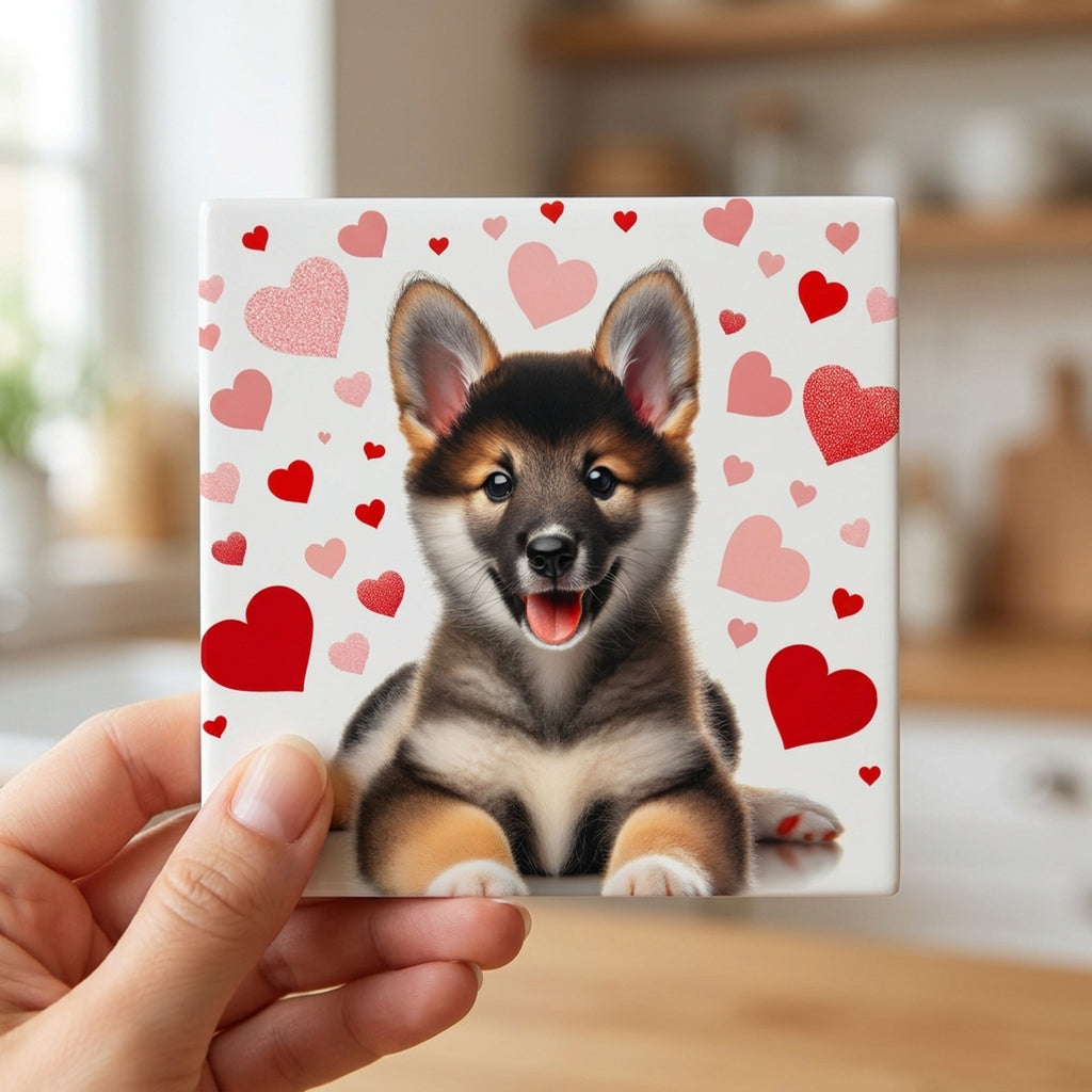 Shiba Inu ceramic coasters set of 4, in hand