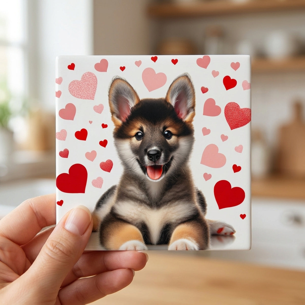 Shiba Inu ceramic coasters set of 4, in hand