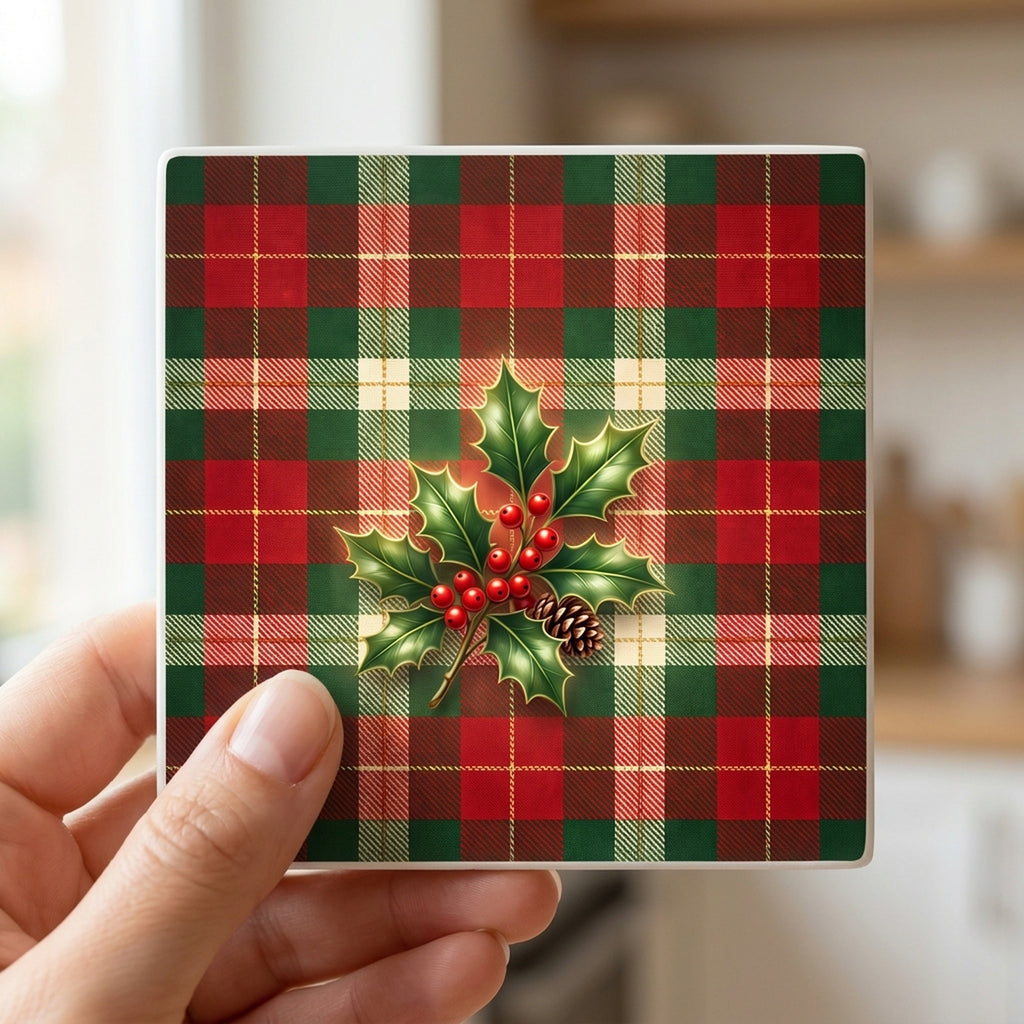 Christmas Plaid ceramic coasters set of 4, in hand