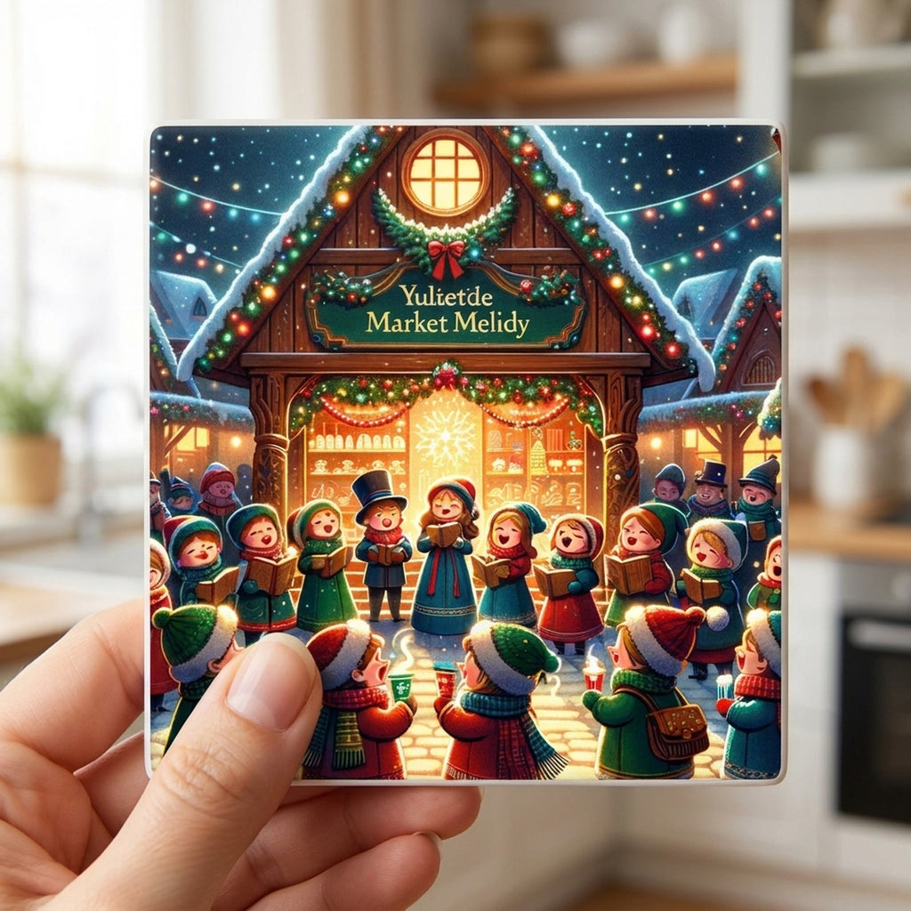 Christmas Market Carolers ceramic coasters set of 4, in hand