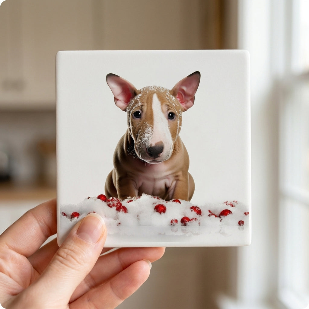 Bull Terrier Puppy ceramic coasters set of 4, in hand