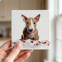 Bull Terrier Puppy ceramic coasters set of 4, in hand