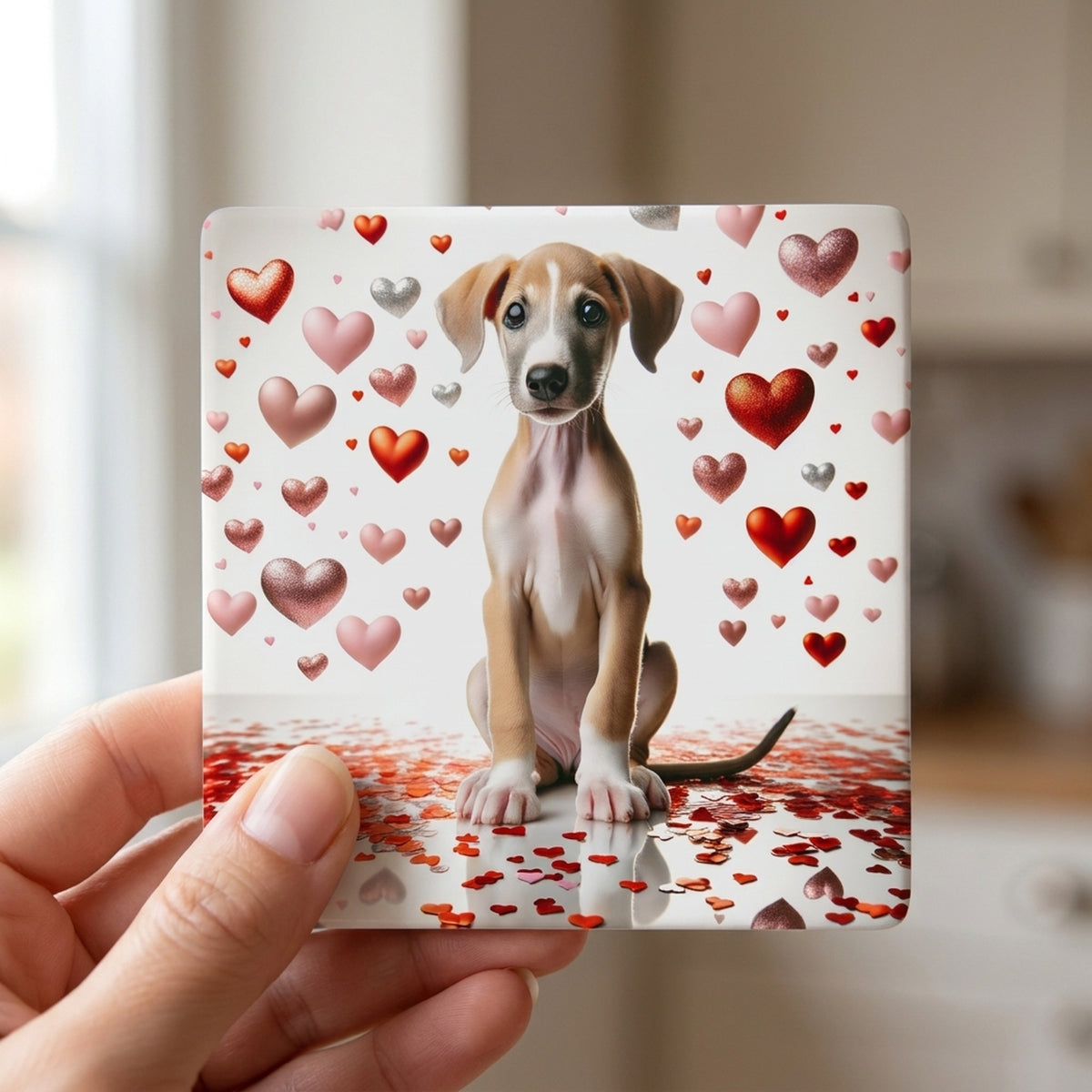 Whippet ceramic coasters set of 4, in hand
