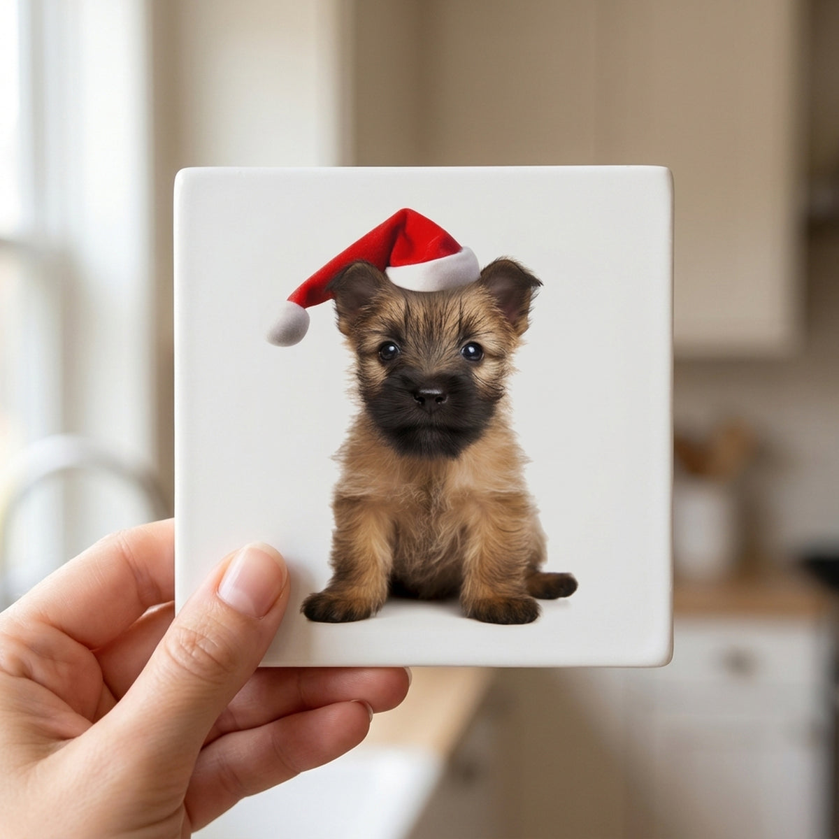 Cairn Terrier Puppy ceramic coasters set of 4, in hand