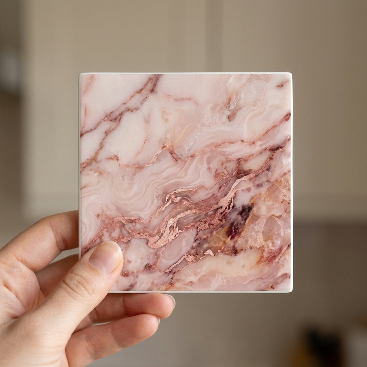 Blush Pink Marble ceramic coasters set of 4, in hand