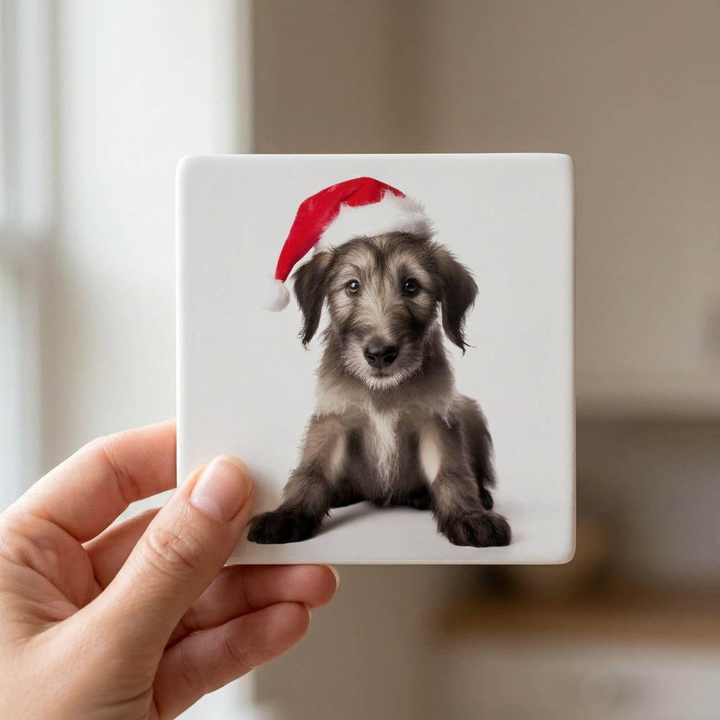 Irish Wolfhound Puppy ceramic coasters set of 4, in hand