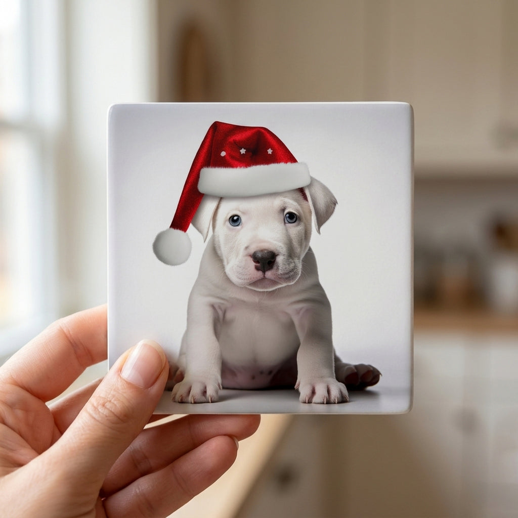 Dogo Argentino Puppy ceramic coasters set of 4, in hand