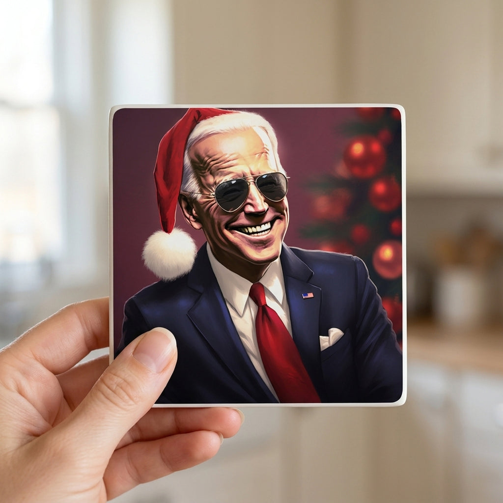 Festive Aviator Santa ceramic coasters set of 4, in hand