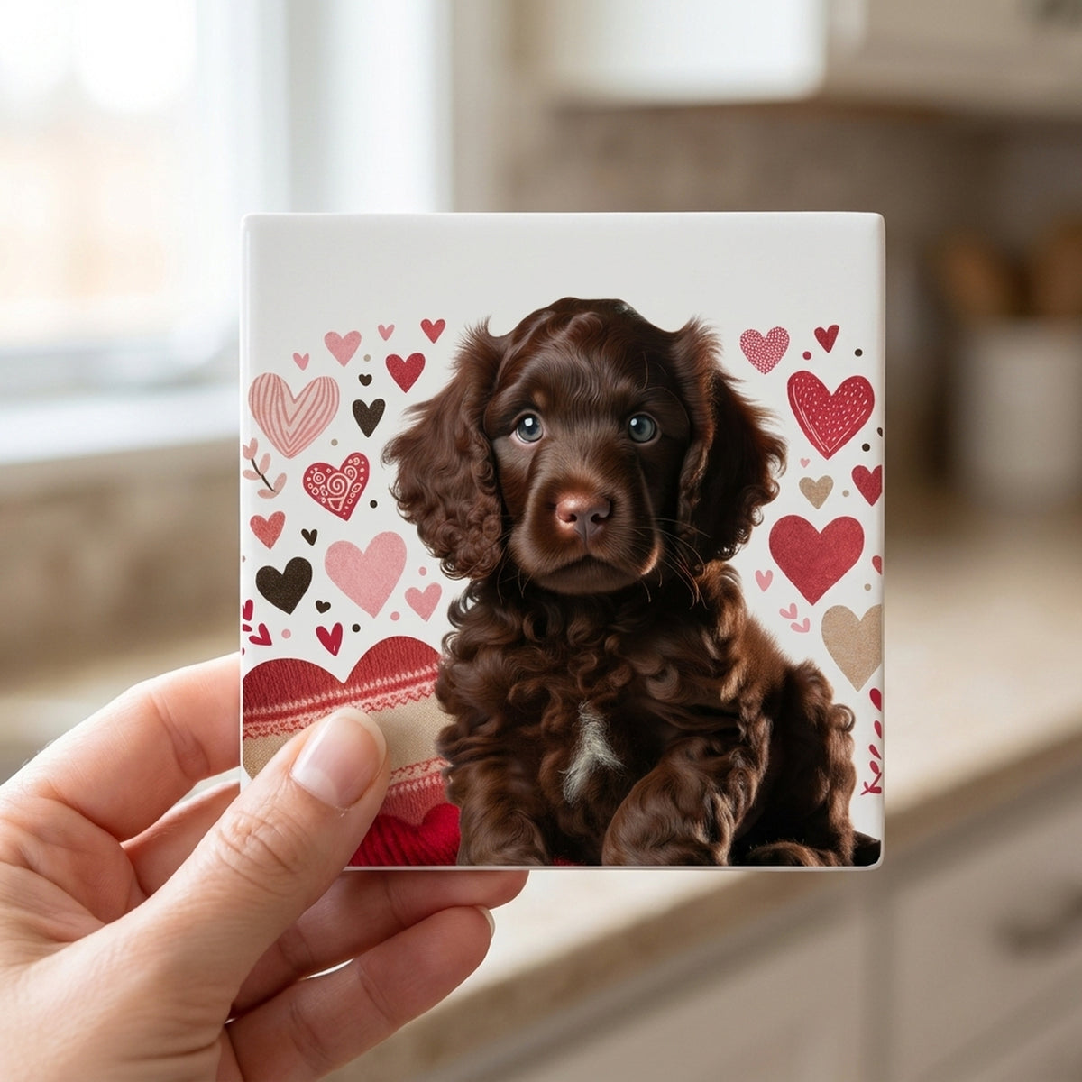 Boykin Spaniel ceramic coasters set of 4, in hand
