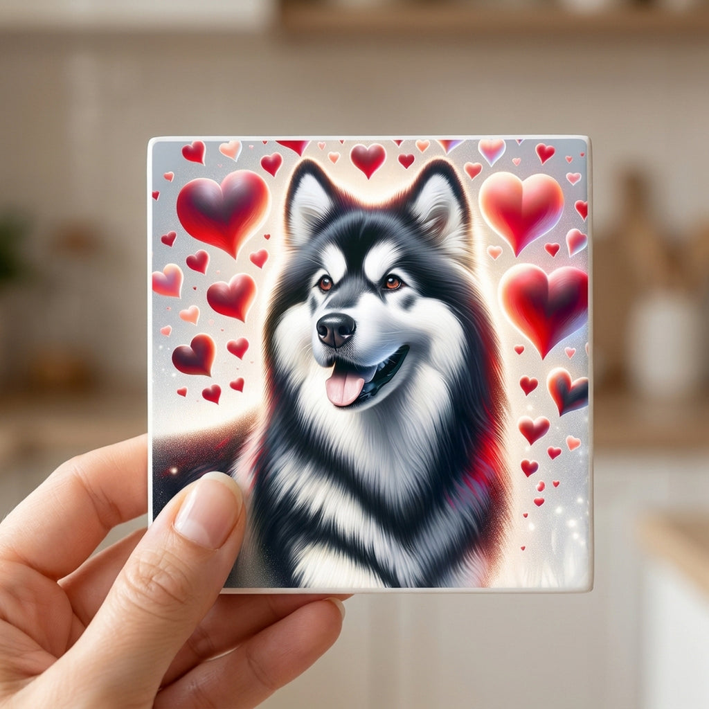 Alaskan Malamute ceramic coasters set of 4, in hand