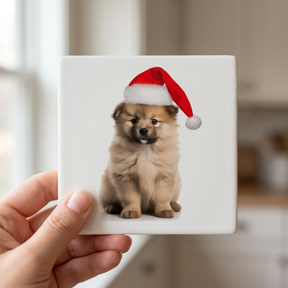 Keeshonden Puppy ceramic coasters set of 4, in hand