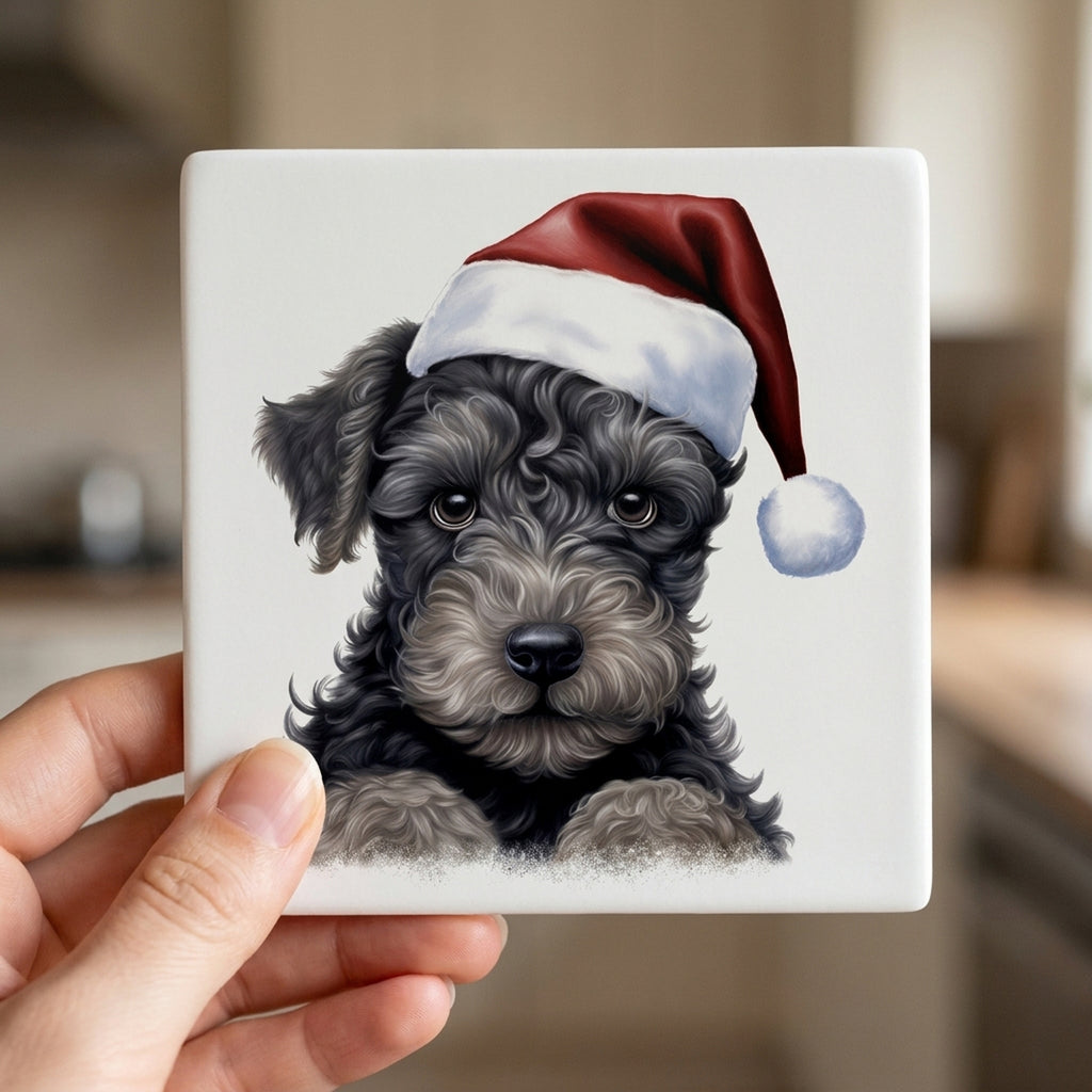 Kerry Blue Terrier Puppy Drawing ceramic coasters set of 4, in hand