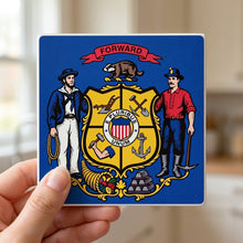 Wisconsin State Flag ceramic coasters set of 4, in hand