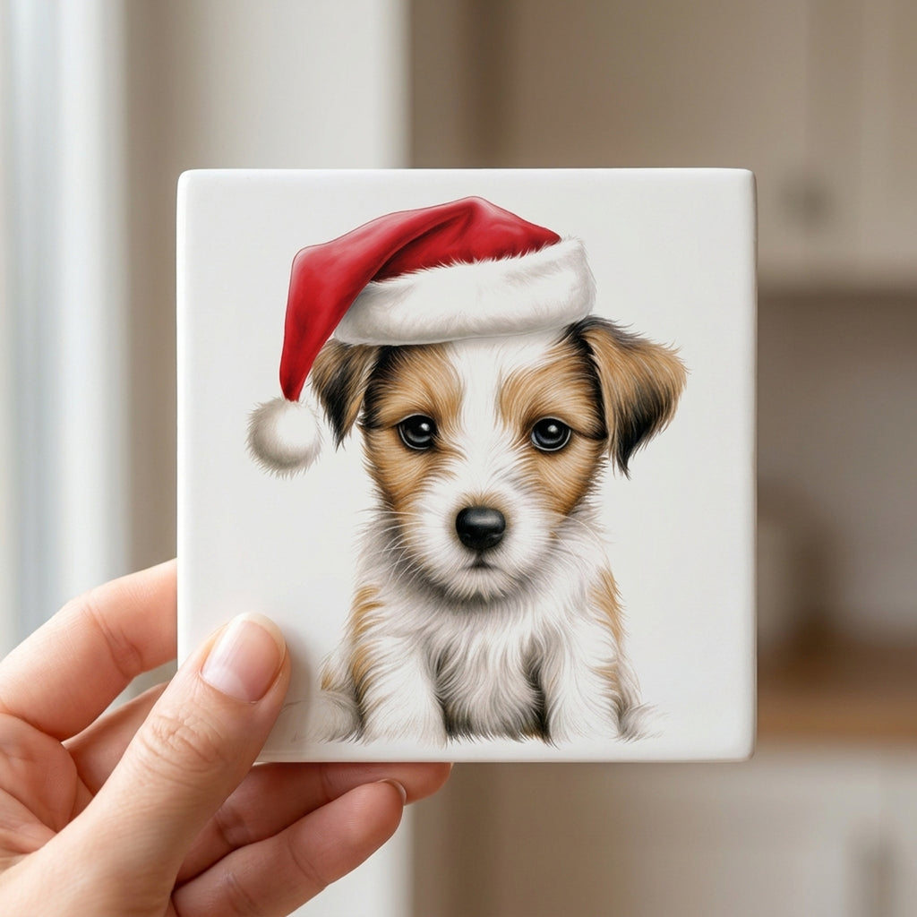 Parson Russell Terrier Puppy Drawing ceramic coasters set of 4, in hand