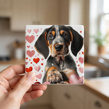 Bluetick Coonhound ceramic coasters set of 4, in hand