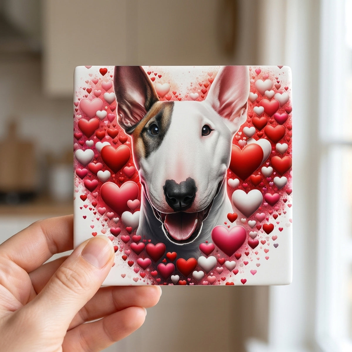 Bull Terrier ceramic coasters set of 4, in hand