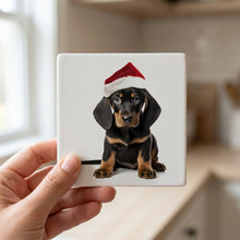 Black and Tan Coonhound Puppy ceramic coasters set of 4, in hand