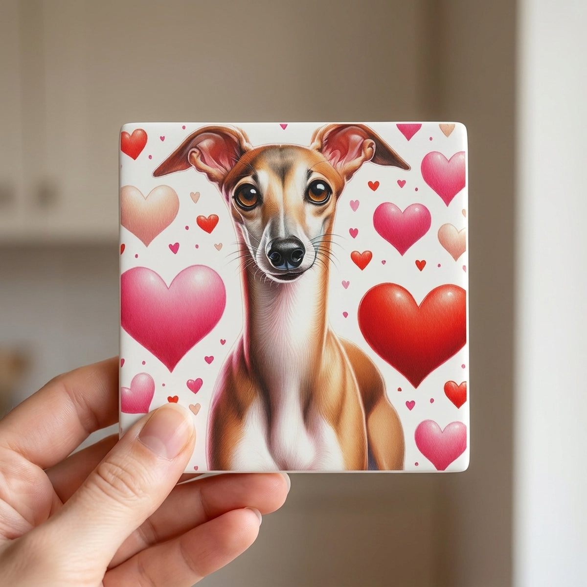 Italian Greyhound ceramic coasters set of 4, in hand