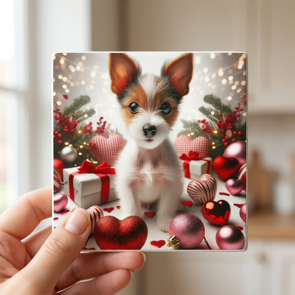 Russell Terrier ceramic coasters set of 4, in hand